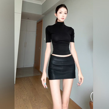 Sexy Style Black Half-High Collar Mid-Sleeve T-Shirt for Women, Spring Season, Slim Fit, Elegant and Cool Black Top for Stylish Ladies