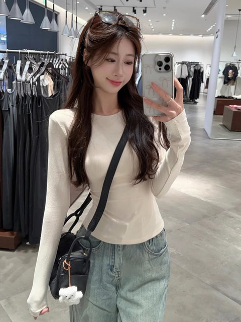 Gray Long-Sleeved Inner Layering T-Shirt for Women, Autumn and Winter 2025 New Style, Thin Fleece, Warm, Slim-Fitting, Simple Top