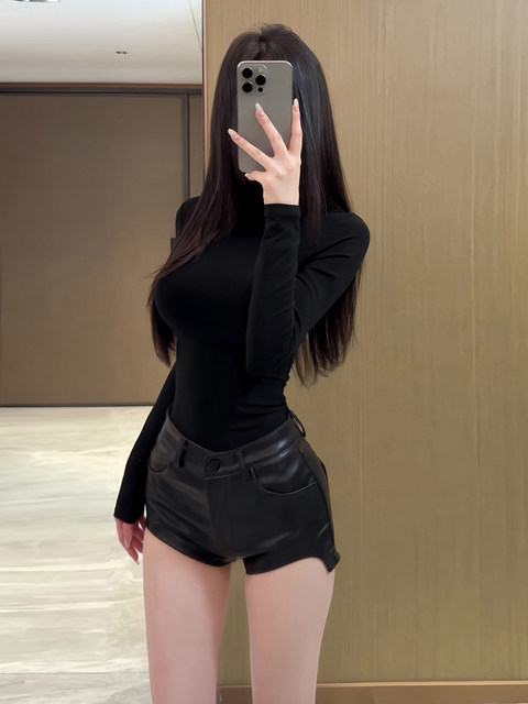 Cool and Spicy Black Half-High Collar Long-Sleeve T-Shirt for Women, Autumn and Winter Slim Fit Hot Girl Style, Slimming Base Layer Top