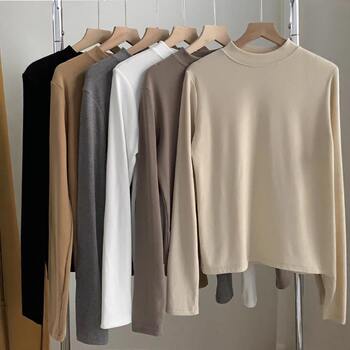 Women's Autumn and Winter Stylish Versatile Base Layer Long-Sleeve T-Shirt with Small Stand-Up Collar, Thin Fleece, Warm Brushed Fabric, Solid Color Top