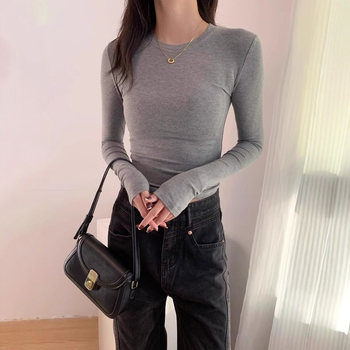 Trendy Hot Girl Long-Sleeve T-Shirt with Mask Design, Women's Autumn and Winter Slim-Fit Top with Cinched Waist, Regular Shoulders, Slimming Inner Layer, Round Neck Base Shirt