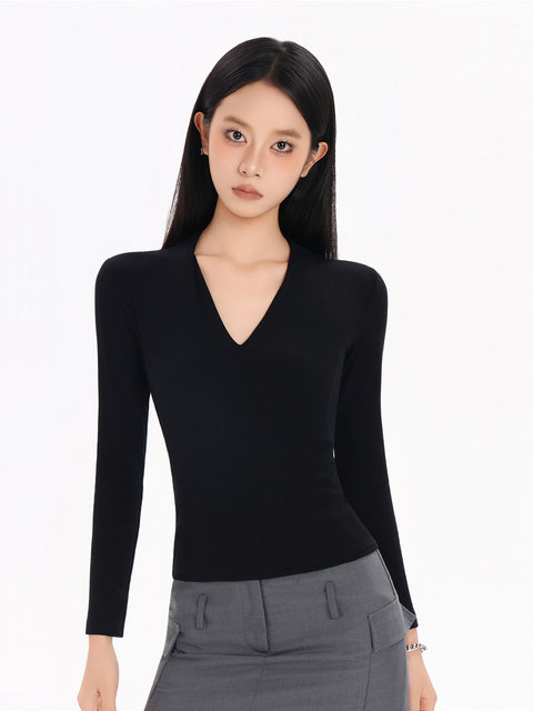 Tight-Fitting Long-Sleeved Bottoming Top for Women, Autumn and Winter 2025 New Style, Slim Fit, Versatile, Pure Color V-Neck Bottoming Shirt
