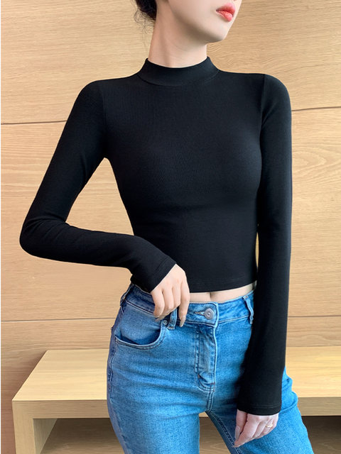 Threaded Half-High Collar Long-Sleeve T-Shirt for Women, New Spring and Autumn Style, Slim Fit, Stylish, Versatile, Short Base Shirt Top, Trendy