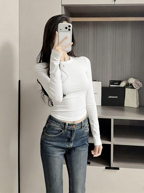 Korean-Style Gray Round-Neck Long-Sleeve Base Shirt T-Shirt for Women, Autumn and Winter Spicy Girl Style, Tight-Fitting, Slimming Base Shirt Top