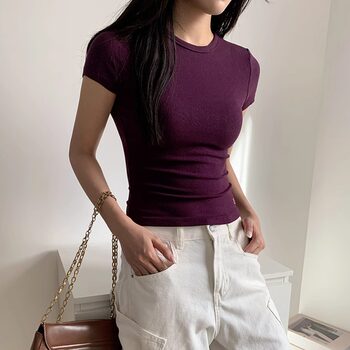 Purple Round-Neck Short-Sleeve T-Shirt for Women, Summer and Autumn, Pure and Sexy, Slim Fit, Versatile Short Top