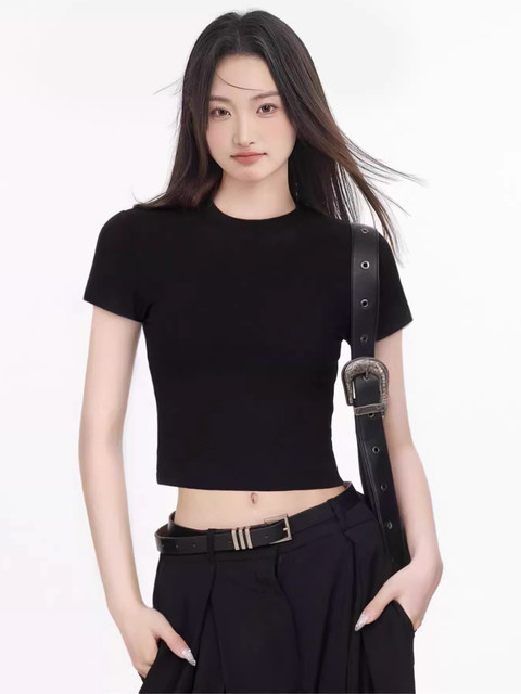 European Style Hot Girl Short Round Neck Short-Sleeve T-Shirt for Women, 2025 Summer Korean Style Regular Shoulder Slim-Fit Base Layer New Short Top