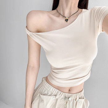 Asymmetrical Neck Off-Shoulder Short Sleeve Twist T-Shirt for Women 2026 Summer New Design Niche Slim Fit Asymmetrical Shoulder Top