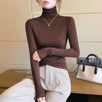 Melard Coffee-Colored High-Neck Long-Sleeve Base Shirt T-Shirt for Women, Autumn and Winter American Style Slim-Fit Slimming Turtleneck Top