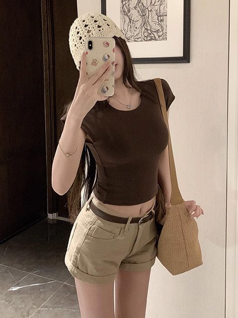 American-Style Hot Girl Tight-Fitting Short-Sleeved T-Shirt for Women in Summer, Very Stylish, High-Waisted, Slimming, Short Base Layer Top