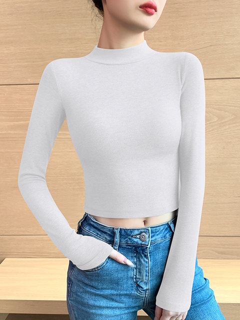 Threaded Half-High Collar Long-Sleeve T-Shirt for Women, New Spring and Autumn Style, Slim Fit, Stylish, Versatile, Short Base Shirt Top, Trendy
