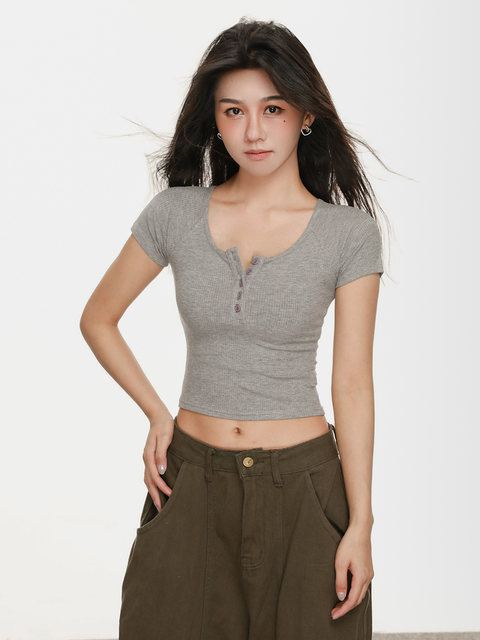 Stylish Short Half-Open Collar Short-Sleeve T-Shirt for Women, Summer Single-Breasted Half-Open Collar Sexy Slim-Fit Tight Top