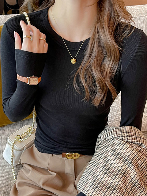 Solid Color Round Neck Long-Sleeve T-Shirt for Women, Autumn and Winter Base Layer, Slim Fit, Basic Versatile Top for Outerwear