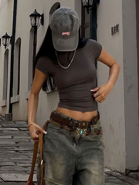 European and American Style Short-Sleeved T-Shirt for Women, 2025 Summer New Model, Waist-Cinching, Slim-Fitting, Flattering, Short and Stunning Top