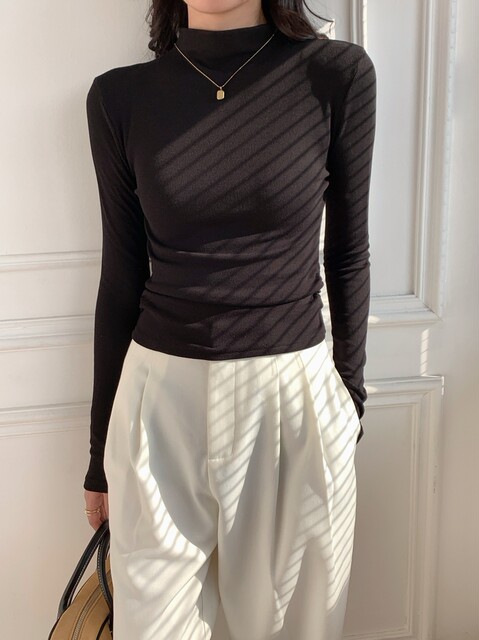 Half-Turtleneck Long-Sleeve T-Shirt for Women, Autumn and Winter Season, Regular Shoulder Fit, Brushed Thin Fleece, Warm, Ruched, Slim-Fit Base Layer Top