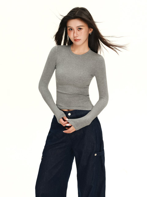 Threaded American-Style Fitted Straight-Shoulder Long-Sleeve T-Shirt for Women, Autumn and Winter Inner Wear, Slim Fit, Versatile, Slimming Base Layer Top