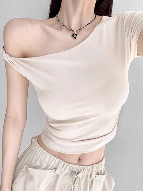 Asymmetrical Neck Off-Shoulder Short Sleeve Twist T-Shirt for Women 2026 Summer New Design Niche Slim Fit Asymmetrical Shoulder Top