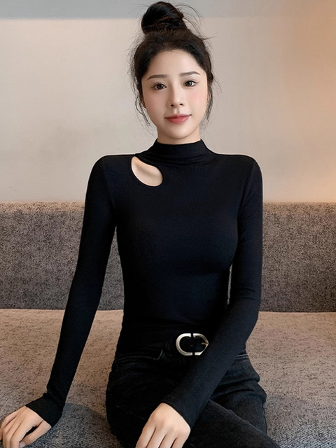 Half Turtleneck Long-Sleeved Bottoming Shirt for Women in Autumn and Winter New Style Threaded High-Bottom Cut Out Slim Fit Inner T-Shirt Top