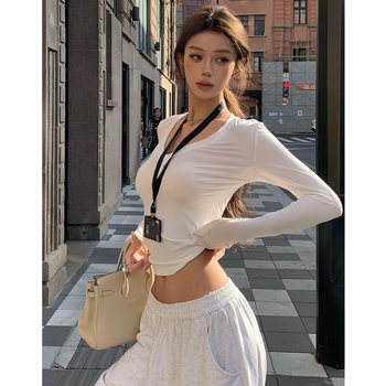 Pure Desire Sweet and Spicy Girl V-Neck Long Sleeve T-Shirt for Women, Autumn and Winter White Sexy Slim Fit Basic Top