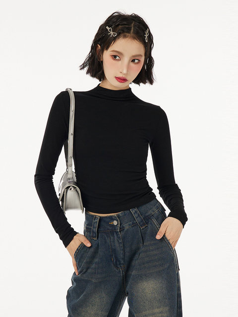 American-Style Half-High Collar Long-Sleeve Base Layer Top for Women, Autumn and Winter Design, Stand-Up Collar, Tight-Fitting, Pleated, Slimming Base Shirt