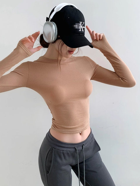 Melard Coffee-Colored Round-Neck Tight-Fitting Long-Sleeve T-Shirt for Women, Autumn and Winter American Style, Light and Mature, Slimming and Form-Fitting Base Layer Top