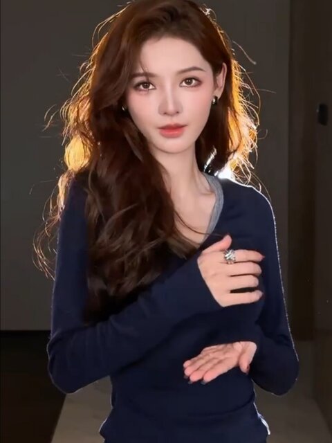 European Style V-Neck Button-Up Long-Sleeve T-Shirt for Women, New Autumn and Winter Design, Unique Lyocell Tencel Waist-Cinching Slimming Top