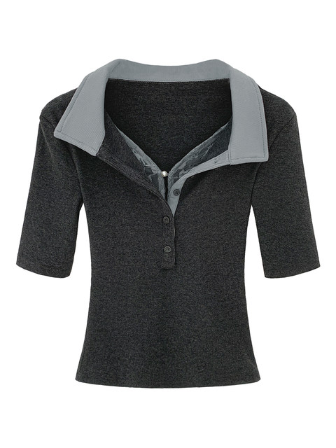 Fake Two-Piece Polo Collar Short-Sleeved T-Shirt for Women, New Summer Style, American Retro Lace Color-Blocking Slim-Fit Half-Sleeve Top