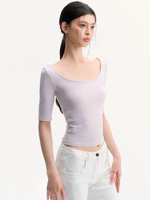 French U-neck mid-sleeve t-shirt for women in spring and autumn new style hot girl five-quarter sleeve slim fit and slim inner layering shirt top