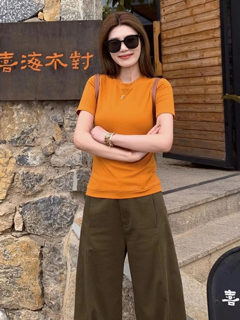 Korean Chic Unique Round Neck Short-Sleeved T-Shirt for Women, Summer 2025 New Style, Simple Regular Shoulder, Slimming and Stunning Top