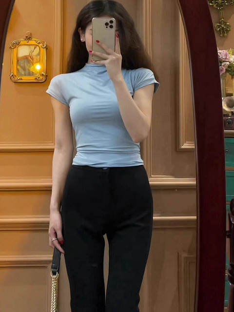 Pure Desire Half-High Collar Tight-Fitting Short-Sleeve T-Shirt for Women, Summer 2025 New Style, Slimming and Flattering Knit Top