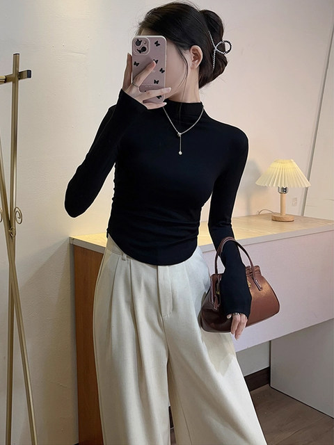 Half-High Collar Pleated Long-Sleeve T-Shirt for Women, New Spring and Autumn Korean Style, U-Shaped Hem, Slim Fit, Short Base Layer Top