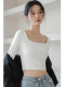 Korean Style Square Neck Long-Sleeve T-Shirt for Women, New Spring and Autumn Model, Waist-Cinching, Slimming, Short, Belly-Baring Base Shirt Top