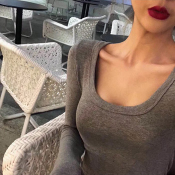 Modal Tight-Fitting Bust-Enhancing Base Shirt with Large Neckline, Long-Sleeved T-Shirt for Women, Suitable for Spring, Summer, and Autumn, U-Neck, Sexy, Slimming, Versatile Top