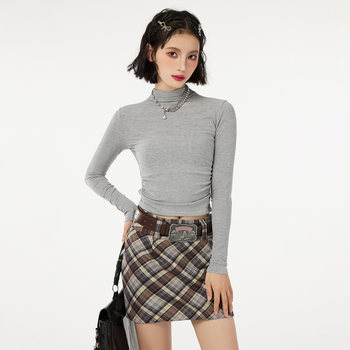 American-Style Half-High Collar Long-Sleeve Base Layer Top for Women, Autumn and Winter Design, Stand-Up Collar, Tight-Fitting, Pleated, Slimming Base Shirt