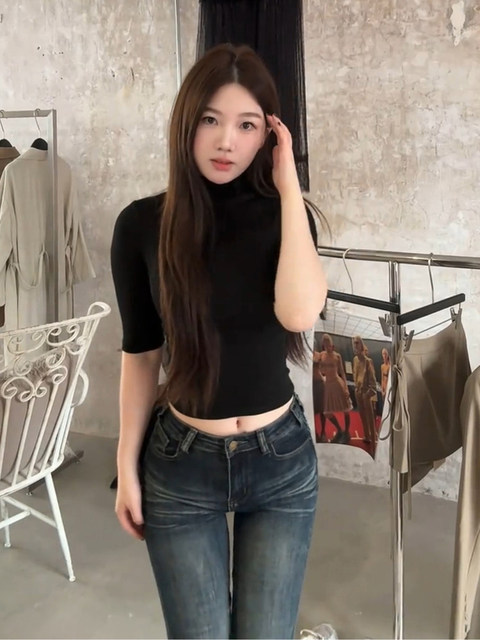 Solid Color Half-High Collar Mid-Sleeve T-Shirt for Women, New Autumn Style, Simple and Versatile, Slim-Fit, Fashionable Short Base Shirt