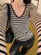 Contrast Color Striped V-Neck Long-Sleeve T-Shirt for Women, Autumn/Winter 2025 New Korean Style Slim Fit Base Layer Chic Top