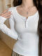 Buttoned Half-Open Collar Thick Basic Long-Sleeve T-Shirt for Women, Early Autumn European Style, Stunning Inner Wear, Regular Shoulder U-Neck Base Shirt Top