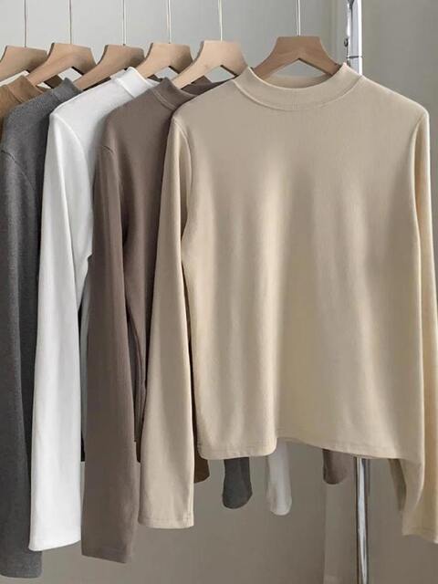 Women's Autumn and Winter Stylish Versatile Base Layer Long-Sleeve T-Shirt with Small Stand-Up Collar, Thin Fleece, Warm Brushed Fabric, Solid Color Top