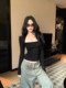 American-Style Black Square-Neck Long-Sleeve Base T-Shirt for Women, Autumn and Winter, Pure Desire Spicy Girl Slim-Fit Faux Two-Piece Low-Neck Top