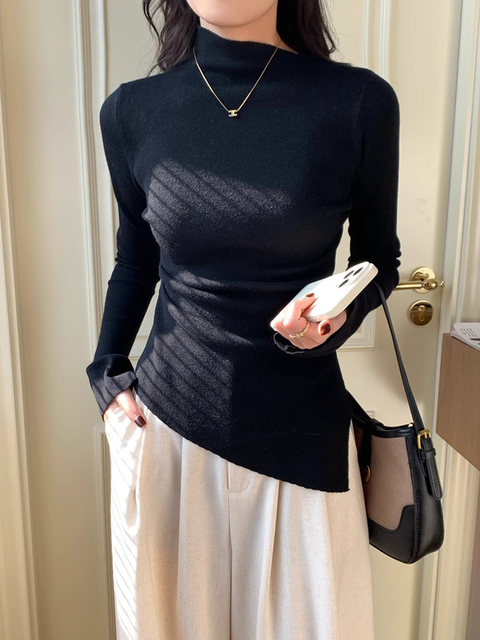 Half-Turtleneck Sweater Knitted Base Shirt for Women, Autumn and Winter, with Asymmetrical Hem, Irregular Base, Slit, Pleated, Slimming Top