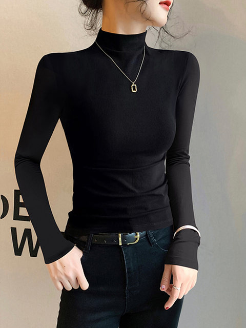 American-Style Half-High Collar Base Layer T-Shirt for Women, Suitable for Autumn and Winter, with a Stylish Design, Tight-Fitting, Slimming, Long-Sleeved, Fashionable Top