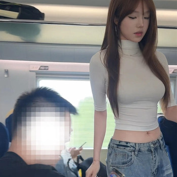 Korean-Style Elegant Slim-Fit Half-High Collar Mid-Sleeve T-Shirt for Women, Summer Waist-Cinching Spicy Girl Gentle Style Short Base Shirt Top