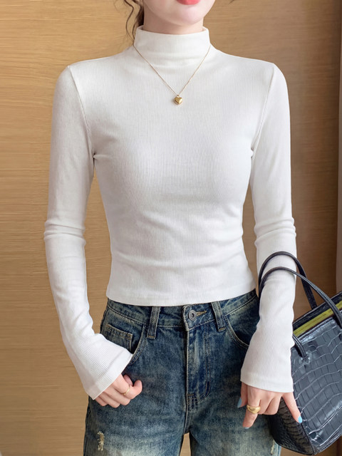 Petite Women's Long-Sleeve Half-Turtleneck Base Layer T-Shirt, Autumn and Winter American Style, Slim-Fit, Flattering Top