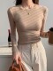 Spring, Autumn, and Winter Ribbed Slim-Fit Long-Sleeve T-Shirt with Regular Shoulders, Brushed Tight-Fitting Base Shirt, Basic Short Top for Women