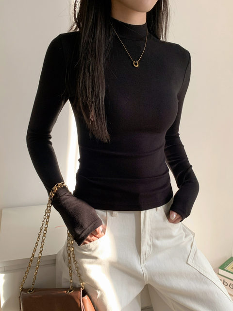 Half-Turtleneck Base Layer Shirt for Women, Suitable for Autumn and Winter, Stylish, Skin-Friendly, Versatile, Elegant, Slim-Fit, Stand-Up Collar, Long-Sleeve T-Shirt Top