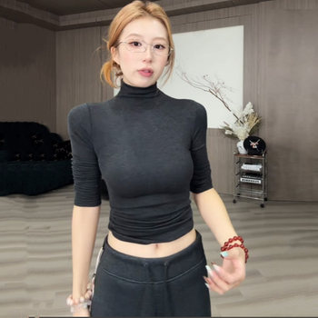 American-Style Spicy Girl Half-High Collar Long-Sleeve Base Shirt for Women, Autumn/Winter 2025 New Slim-Fit Inner T-Shirt Top