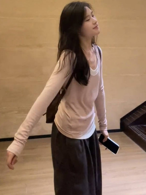 Fake Two-Piece U-Neck Long-Sleeve T-Shirt for Women, New Spring and Autumn Korean Style, Lazy Style, Slim Fit, Inner Layering Top