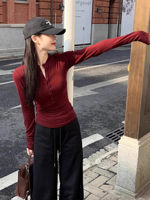 Half-Open Collar Buttoned Long-Sleeve T-Shirt for Women, Early Autumn American Style, Trendy Versatile Slim-Fit Base Layer Top