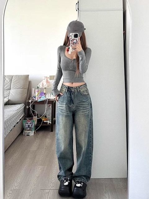 American-Style Spicy Girl U-Neck Long-Sleeve T-Shirt for Women, Autumn and Winter Slim-Fit Design, Short and Slimming Base Layer Top