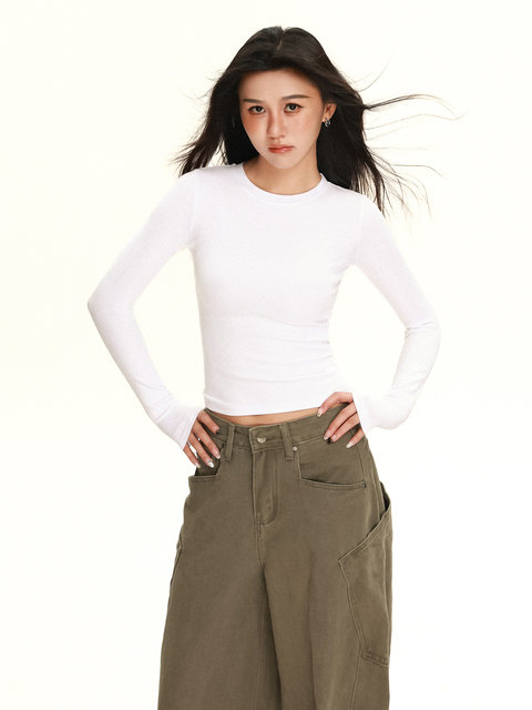 Threaded American-Style Fitted Straight-Shoulder Long-Sleeve T-Shirt for Women, Autumn and Winter Inner Wear, Slim Fit, Versatile, Slimming Base Layer Top