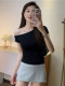 Trendy Off-Shoulder Asymmetrical Neck Short-Sleeve T-Shirt for Women, Spring/Summer 2026 New Style, Petite Asymmetrical Shoulder Korean Fashion Slim-Fit Top
